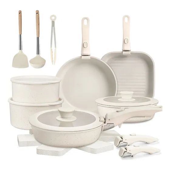 Juego De Sartenes 20 Piezas De Utensilios Antiadherentes Brodark Batería De Cocina Ollas Y Sartenes Medical Stone Con Mangos Desmontables Y Tapas De Vidrio, Compatible Con Inducción, Gas Y Horno Imagen - 1/12