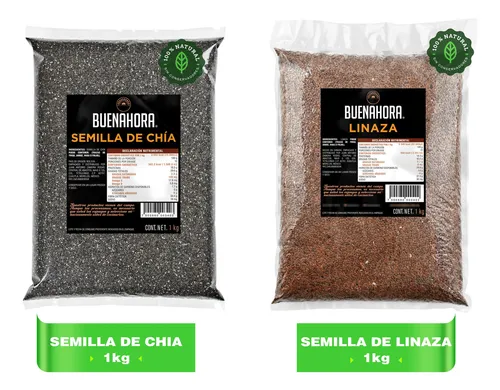 Semilla de Linaza y Chía BUENAHORA 2Kg – Combo de Superfoods Naturales Ricos en Fibra Omega-3 y Antioxidantes Ideal para Smoothies Batidos Avena Jugos Detox y Dietas para Bajar de Peso Flaxseed & Chia