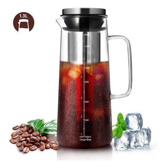 SANGKEE Cafetera Cold Brew Vidrio De Calidad Tetera Helada, Jarra Para Preparar Café Tipo Caliente Y En Frío, Café Helado Y Café Frío Casero, Con Filtro De Acero Inoxidable Removible, 1.3l Imagen - 1/9