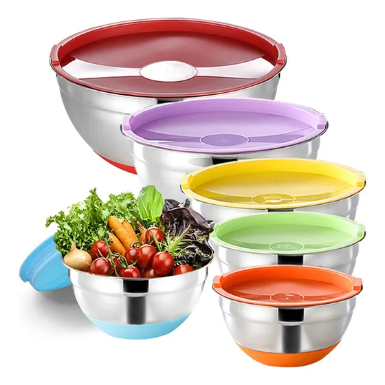 Tazones para Mezclar Ensaladera 6Pzs, Bowls con Tapa Acero Inoxidable, Bowls Apilable con Base Silicona Antideslizante, Bowl Ramen Borde Rollo para Cocina Lavar Verduras Amasar Masa Almacenar Alimento Imagen - 1/7